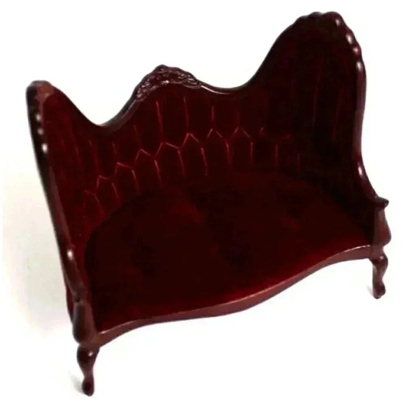 Vtg Dollhouse Miniature Victorian Red Velvet Mahogany Sofa Loveseat 1:12 Scale - Picture 2 of 4